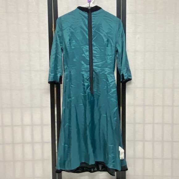 Rick Rhe Handmade Italy Silk Velvet Devore ¾ Sleeve Lined High Neck Ruffle Dress - Picture 6 of 13